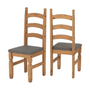 Central Distressed Waxed Pine Wooden Dining Chairs In Pair