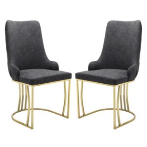 Brixen Charcoal Faux Leather Dining Chairs Gold Frame In Pair