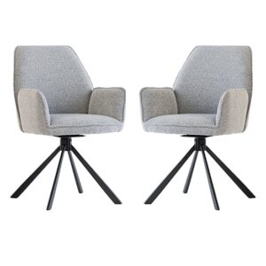 Harris Swivel Grey Boucle Fabric Dining Chairs In Pair
