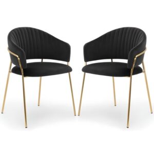 Monzo Black Velvet Dining Chairs With Gold Legs In Pair