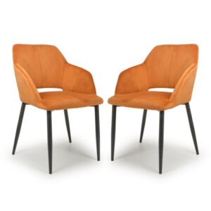 Narva Burnt Orange Velvet Dining Chairs With Black Legs In Pair