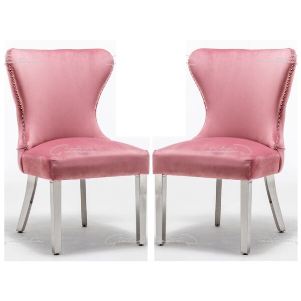 Fletcher Blush Pink Velvet Dining Chairs With Chrome Legs In Pair