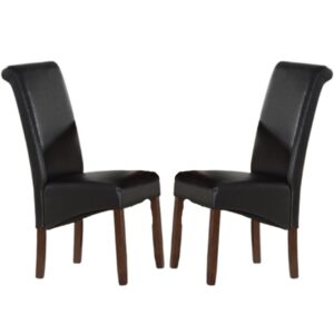 Seguin Black Leather Dining Chairs With Brown Legs In Pair